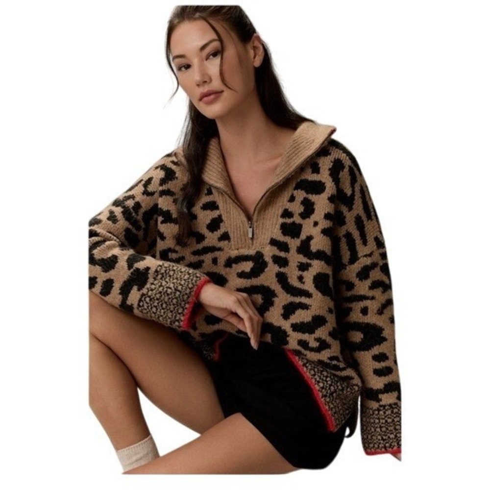 NWT Anthropologie JOHN + JENN Print Quarter Zip Knit‎ Sweater XS Oversized Boxy